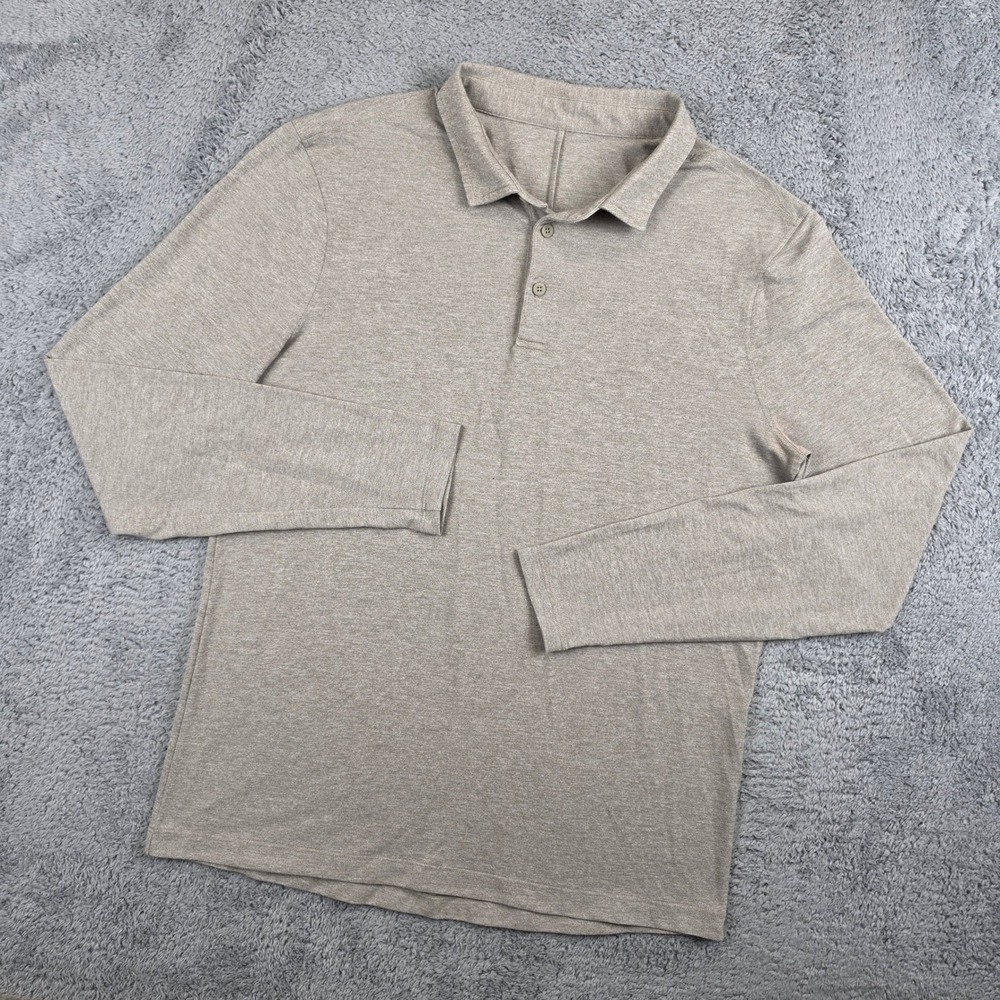 Lululemon Evolution Polo Shirt Mens L Beige Heathered Long Sleeve Jersey Tech